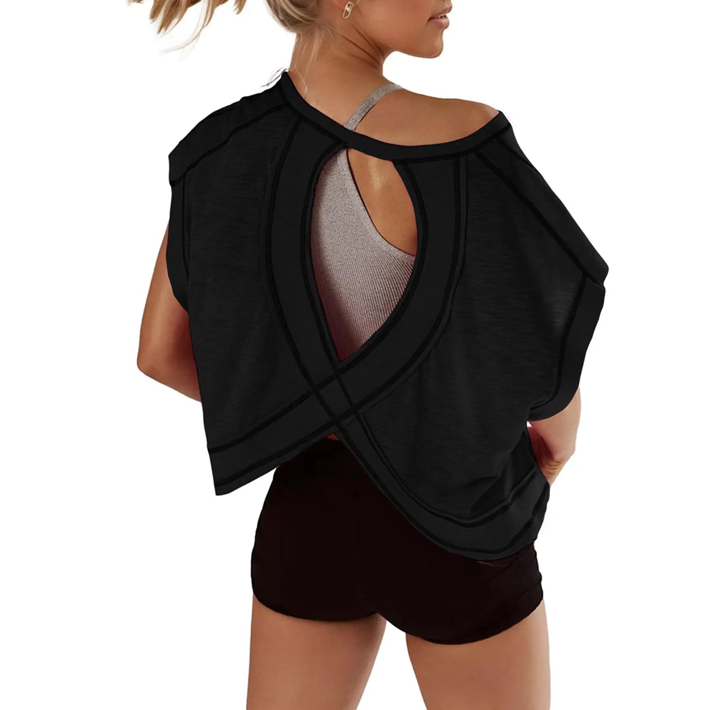 Ommig Womens Open Back Workout Top Oversized Workout T Shirts Backless Athletic Shirt Short Sleeve Baby Tee