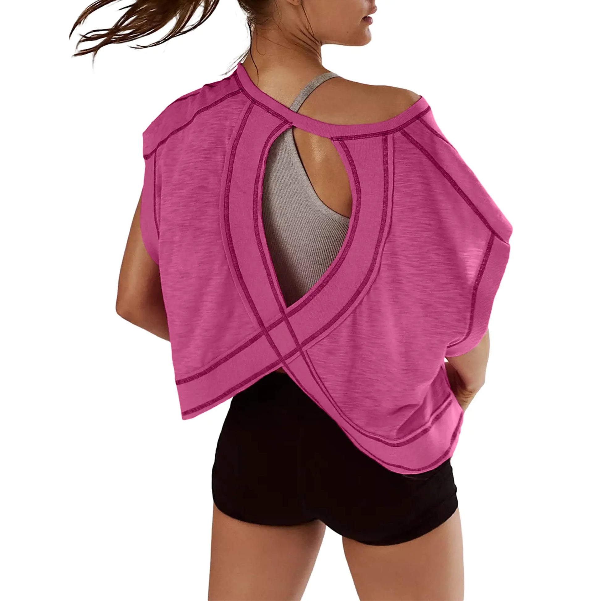 Ommig Womens Open Back Workout Top Oversized Workout T Shirts Backless Athletic Shirt Short Sleeve Baby Tee