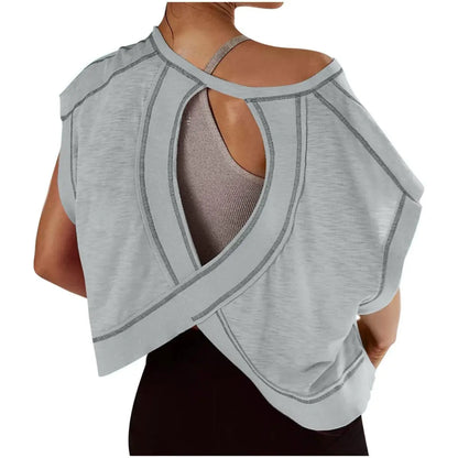 Ommig Womens Open Back Workout Top Oversized Workout T Shirts Backless Athletic Shirt Short Sleeve Baby Tee