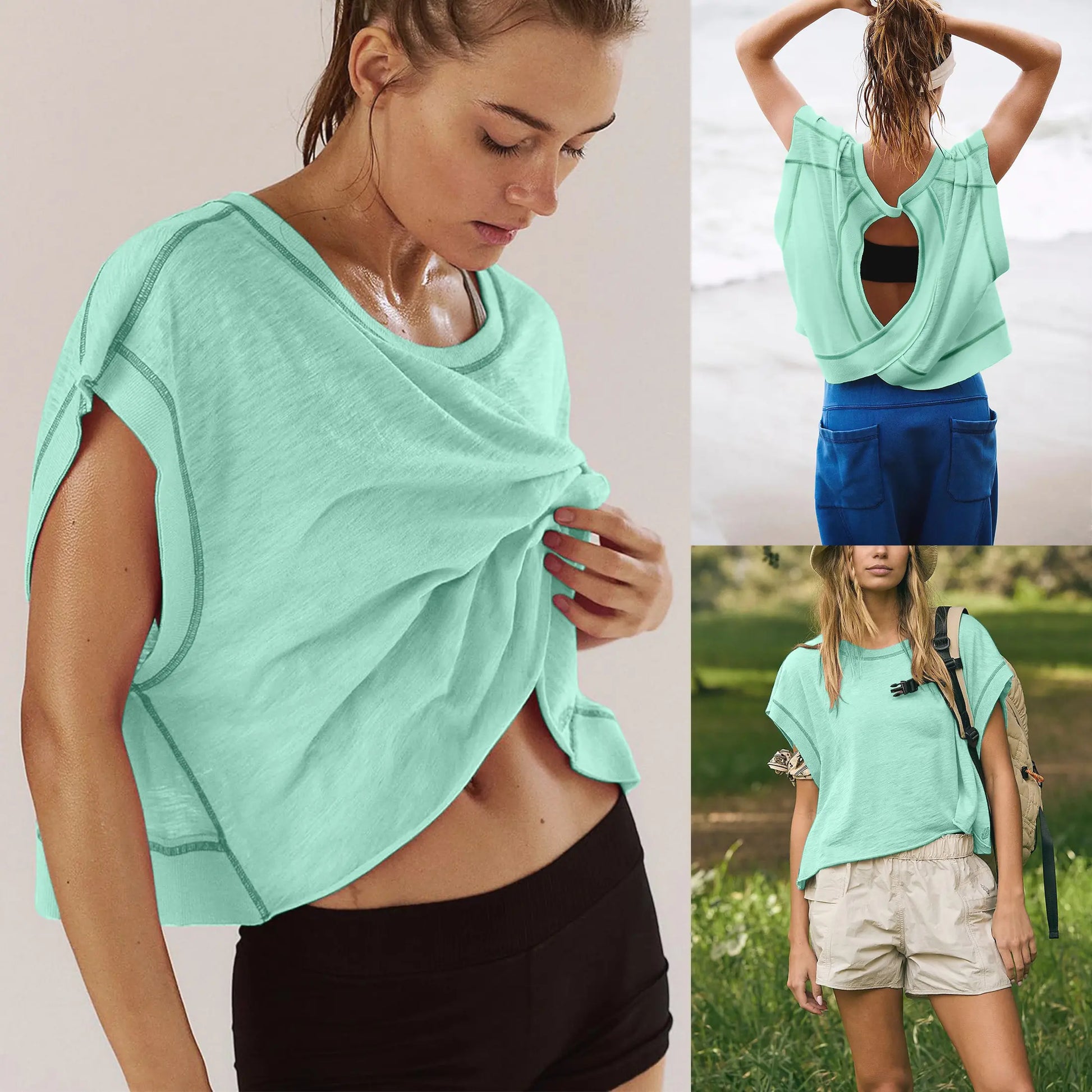 Ommig Womens Open Back Workout Top Oversized Workout T Shirts Backless Athletic Shirt Short Sleeve Baby Tee