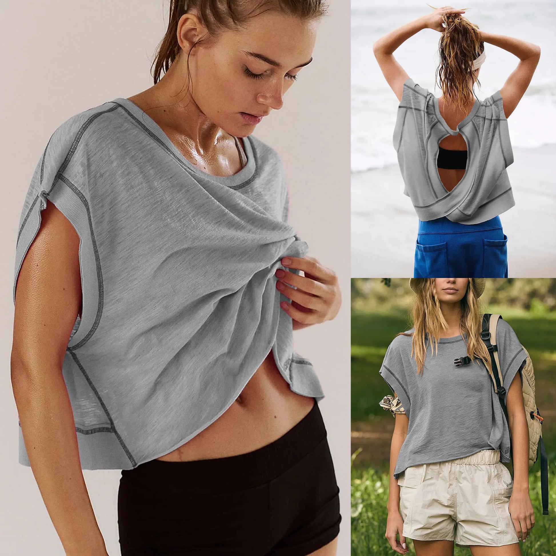 Ommig Womens Open Back Workout Top Oversized Workout T Shirts Backless Athletic Shirt Short Sleeve Baby Tee