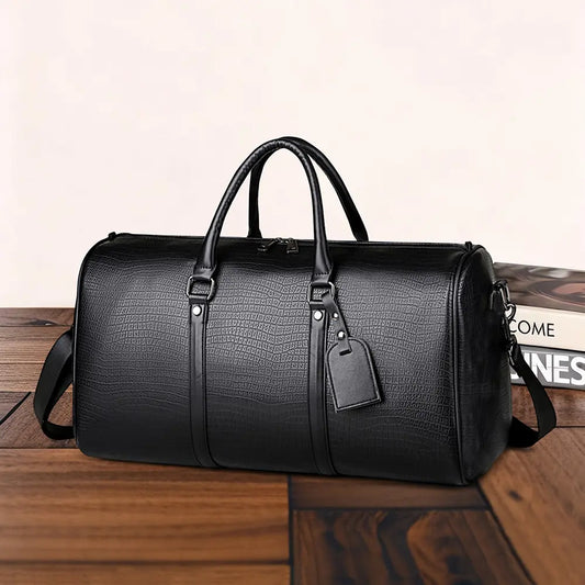 Men'S Solid Color Travel Tote Bag with Zipper Closurefashionable, Versatile, Casual & Minimalist Designideal for College Students, Commuting, Business Trips, Travel, Camping & Gym Workoutslarge-Capacity Black Crocodile-Pattern Men’S Travel Bag