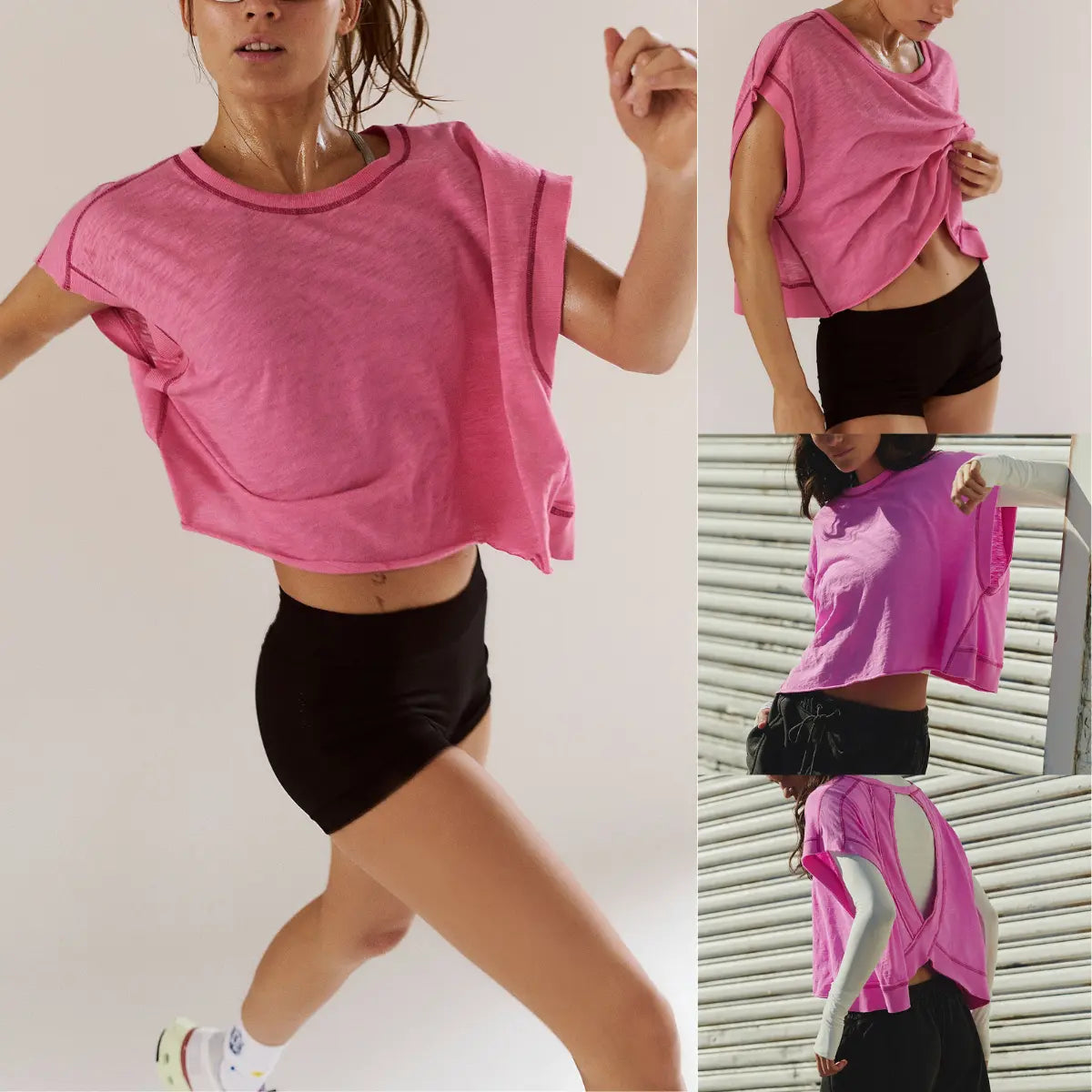 Ommig Womens Open Back Workout Top Oversized Workout T Shirts Backless Athletic Shirt Short Sleeve Baby Tee