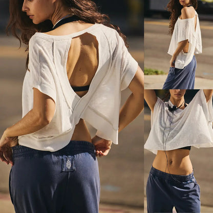 Ommig Womens Open Back Workout Top Oversized Workout T Shirts Backless Athletic Shirt Short Sleeve Baby Tee