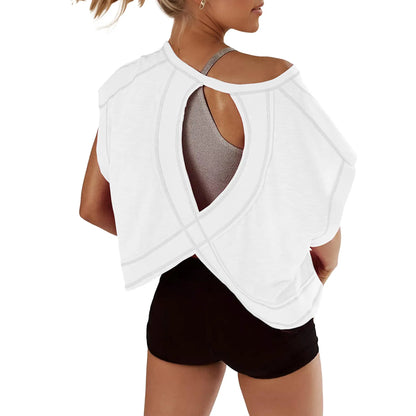 Ommig Womens Open Back Workout Top Oversized Workout T Shirts Backless Athletic Shirt Short Sleeve Baby Tee