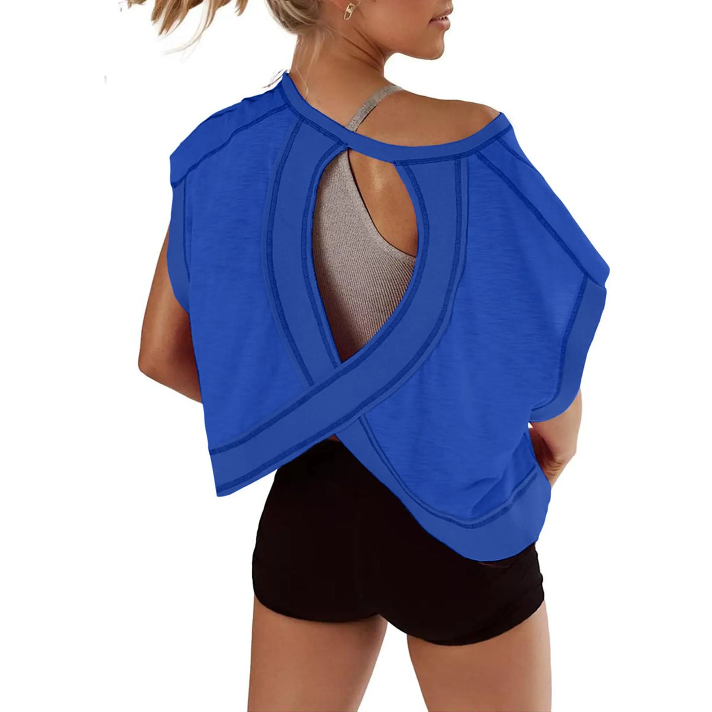 Ommig Womens Open Back Workout Top Oversized Workout T Shirts Backless Athletic Shirt Short Sleeve Baby Tee