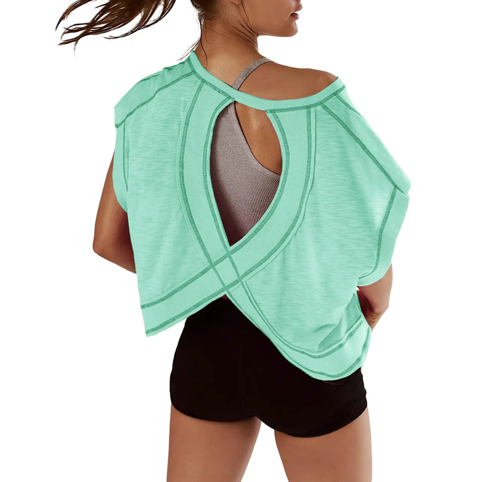 Ommig Womens Open Back Workout Top Oversized Workout T Shirts Backless Athletic Shirt Short Sleeve Baby Tee