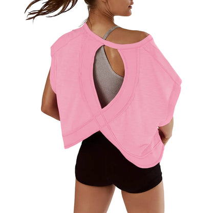 Ommig Womens Open Back Workout Top Oversized Workout T Shirts Backless Athletic Shirt Short Sleeve Baby Tee