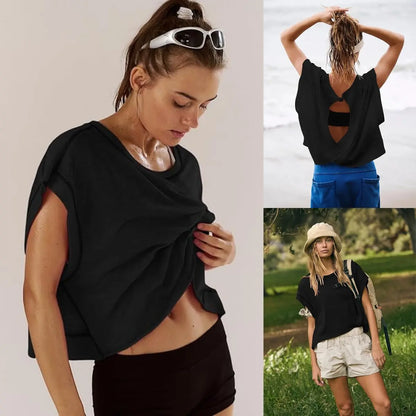 Ommig Womens Open Back Workout Top Oversized Workout T Shirts Backless Athletic Shirt Short Sleeve Baby Tee
